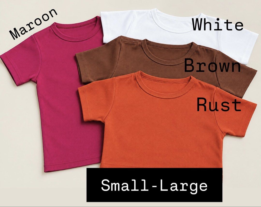 4pcs Tops knitted (Category: Shirts) located in Batangas. Submitted by raisahkyrsten (Listing ID 1466106229, Image 1). Description: - Type: Basic tops, and short sleeve shirts - Sizes: Small to Large, and Medium to XL - Colors: Black, mustard, maroon, white, brown, rust, and light brown - Necklines: Scoop styles - Fabrics: Ribbed and solid cotton options - Style: Great mix for daily casual outfits.