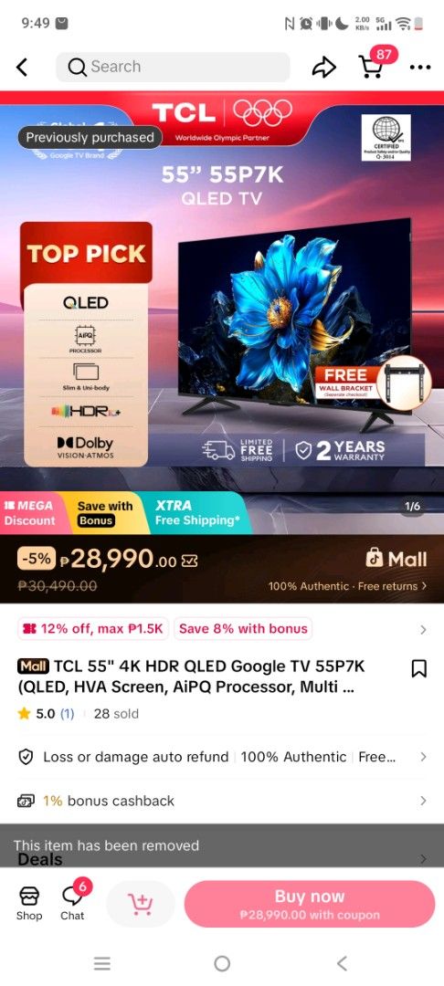 TCL 55" 55P7K QLED TV (Category: TV) located in Caloocan City. Submitted by christopheraigama (Listing ID 1465964742, Image 1). Description: - Model: TCL 55P7K 55-inch 4K QLED Smart TV - Display & Tech: HVA screen, AiPQ processor, 120Hz Game Accelerator (FHD), and Game Master - Audio & OS: Dolby Atmos sound, Google TV, Hands-Free Google Assistant, and Alexa support - Purchase Info: Bought directly via TikTok Shop on May 23, 2026 - Proof of Purcha