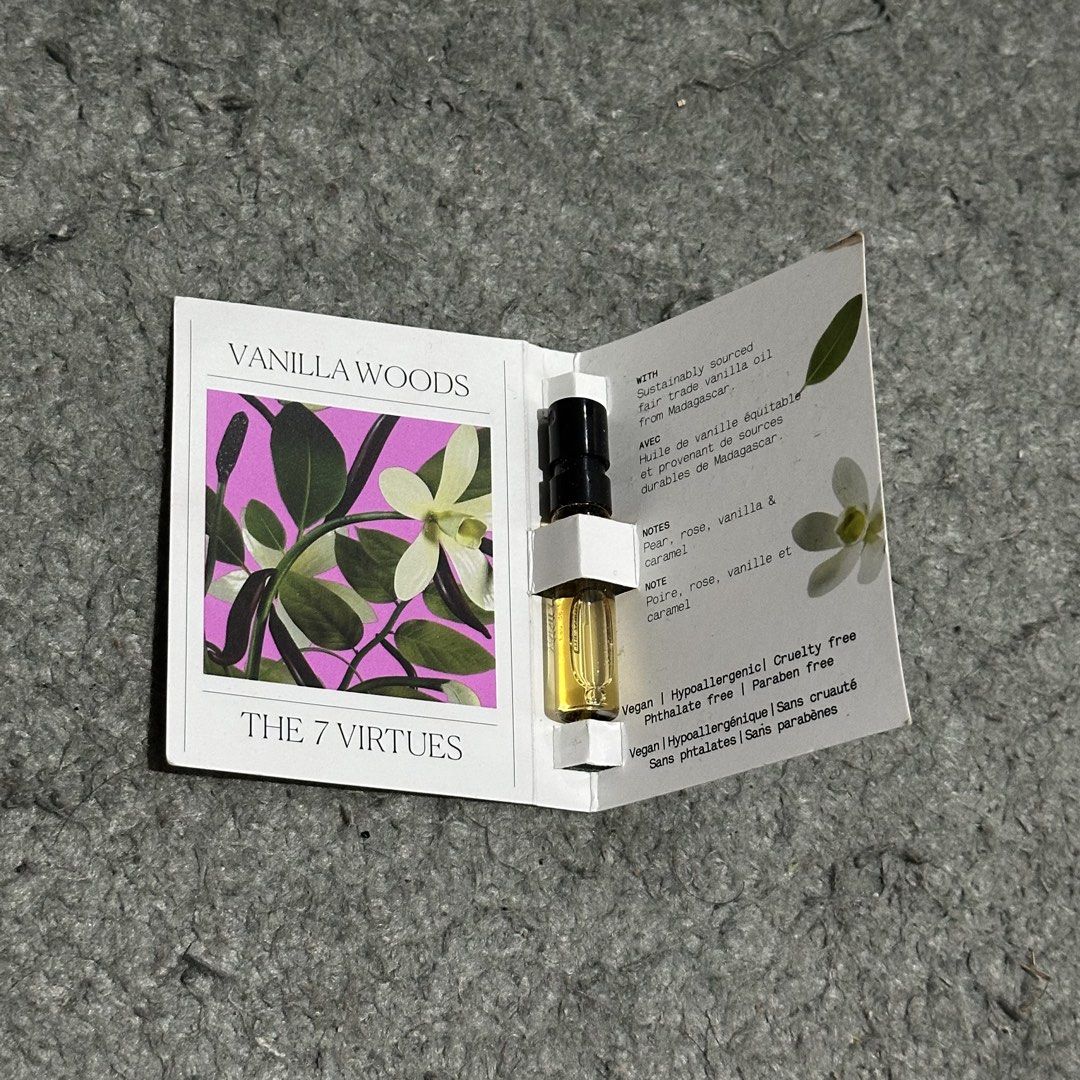 The 7 Virtues Vanilla Woods Eau de Parfum Sample (Category: Fragrance & Deodorants) located in Lipa City. Submitted by jecoparra (Listing ID 1466029542, Image 2). Description: - Brand: The 7 Virtues - Fragrance: Vanilla Woods - Size: 1.7 mL sample (includes original card holder) - Scent Notes: Pear, rose, vanilla, and caramel - Highlights: Sustainably sourced fair trade vanilla from Madagascar - Formula: Vegan, hypoallergenic, cruelty-free, phtha