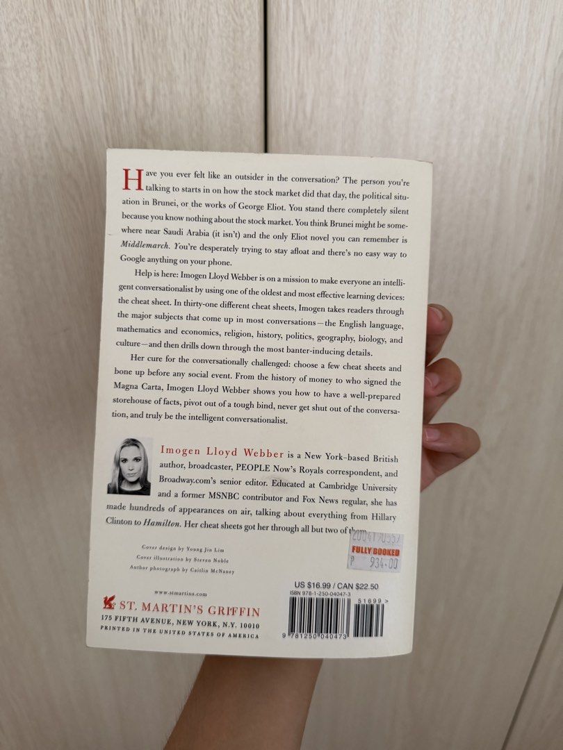 The Intelligent Conversationalist by Imogen Lloyd Webber (Category: Storybooks) located in Makati City. Submitted by ajbt13 (Listing ID 1466000270, Image 3). Description: - Title: The Intelligent Conversationalist by Imogen Lloyd Webber - Publisher: St. Martin's Griffin - Format: Paperback - Content: Includes 31 cheat sheets for mastering various conversation topics - Condition: Yellowed pages with some highlighted text on page 90; original price