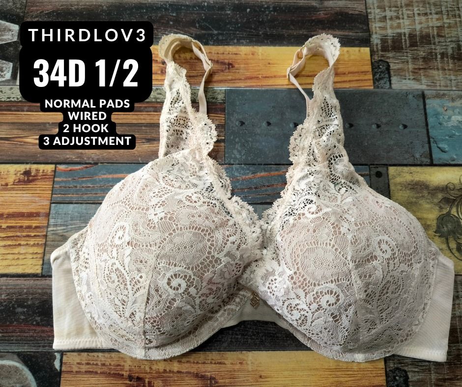 ThirdLove 34D 1/2 Wired Lace Bra (Category: Undergarments & Loungewear) located in Manila. Submitted by siashop. (Listing ID 1465990964, Image 1). Description: - Brand: ThirdLove - Color: Beige - Size: 34D 1/2 - Support: Wired with normal pads - Closure: Two-hook with three adjustments - Design: Beautiful floral lace overlay across cups and straps - Fit: Comfortable everyday wear.