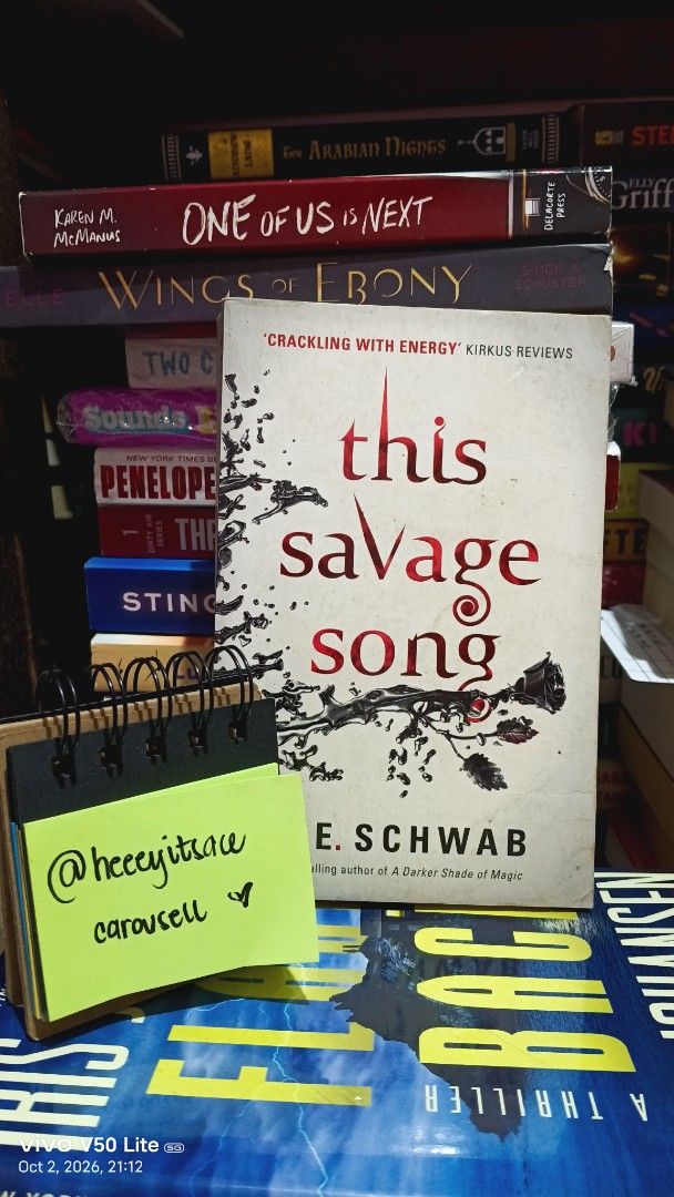 This Savage Song by V.E. Schwab Paperback (Category: Storybooks) located in Calamba. Submitted by heeeyitsace (Listing ID 1466088825, Image 1). Description: -Paperback - Condition: Creased spine and minor shelf wear; light to medium tanning with freebies for sure buyer.