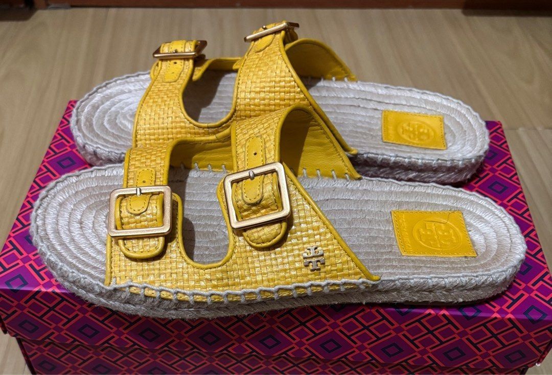 Tory Burch Two-Band Flat Espadrille Slide US 7 (Category: Slippers and slides) located in Quezon City. Submitted by beckyshop2024 (Listing ID 1466145862, Image 3). Description: - Used once - In very good condition - With Box - Material: Raffa/Nappa Leather - Color: Goldfinch.