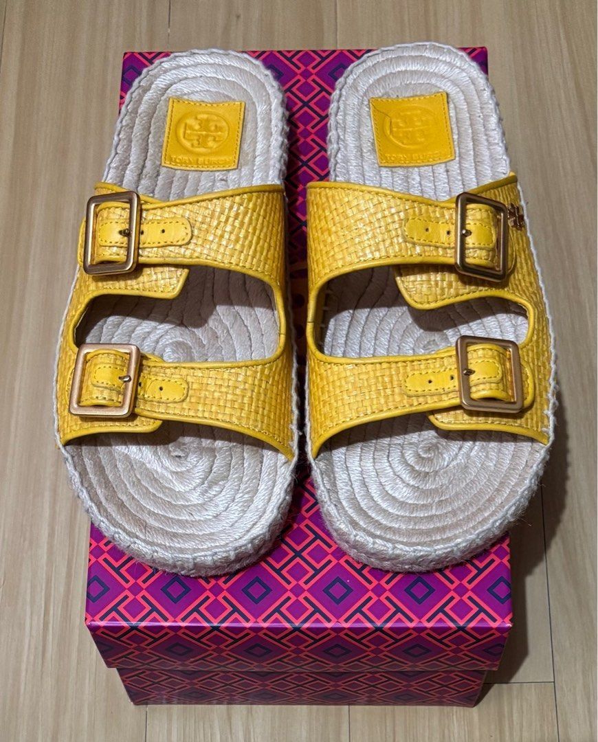 Tory Burch Two-Band Flat Espadrille Slide US 7 (Category: Slippers and slides) located in Quezon City. Submitted by beckyshop2024 (Listing ID 1466145862, Image 1). Description: - Used once - In very good condition - With Box - Material: Raffa/Nappa Leather - Color: Goldfinch.