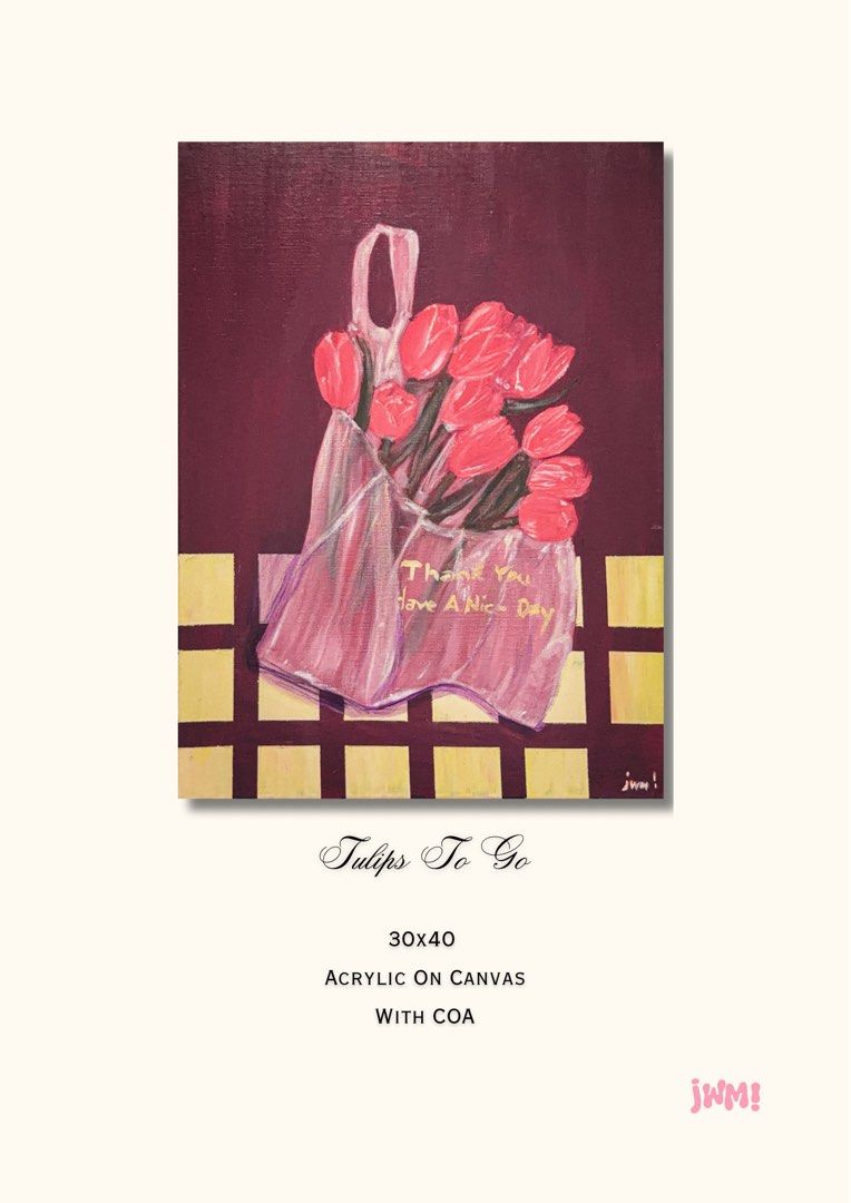Tulips To Go Acrylic (Category: Art & Prints) located in Manila. Submitted by jwmnnmmn (Listing ID 1466078842, Image 2). Description: - Original acrylic painting titled "Tulips To Go" - Canvas size: 30x40 inches - Includes Certificate of Authenticity - Perfect statement piece for your home or office space.