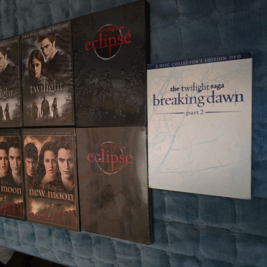 Twilight DVDs (Twilight, New Moon, Eclipse, Breaking Dawn Part 2) (Category: CDs & DVDs) located in Pasay City. Submitted by fruityorange (Listing ID 1466003414, Image 3). Description: Extra copies. All copies are like new and some are sealed. ‼️Twilight - 100 each ‼️New Moon - 100 each ‼️Eclipse Limited Collector's Gift DVD Set Edition with 6 Postcards - 200 each ‼️Breaking Dawn Part 2 COLLECTOR'S EDITION DVD - 250 ✅ ️Item available as long as p