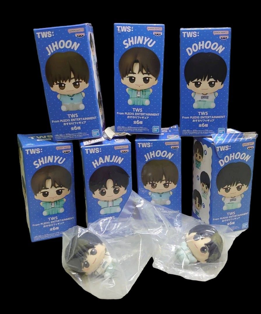 TWS Pledis Entertainment Figure (Category: Figurines & Statues) located in Pila. Submitted by Yela.ph_1 (Listing ID 1465992102, Image 1). Description: - Official Pledis Entertainment TWS sitting figures by Banpresto - Includes character boxes for Jihoon, Shinyu, Dohoon, and Hanjin - Comes with 2 additional unpacked figures in plastic bags - Authentic merchandise, perfect for collectors - Ideal for completing your 6-member TWS set.