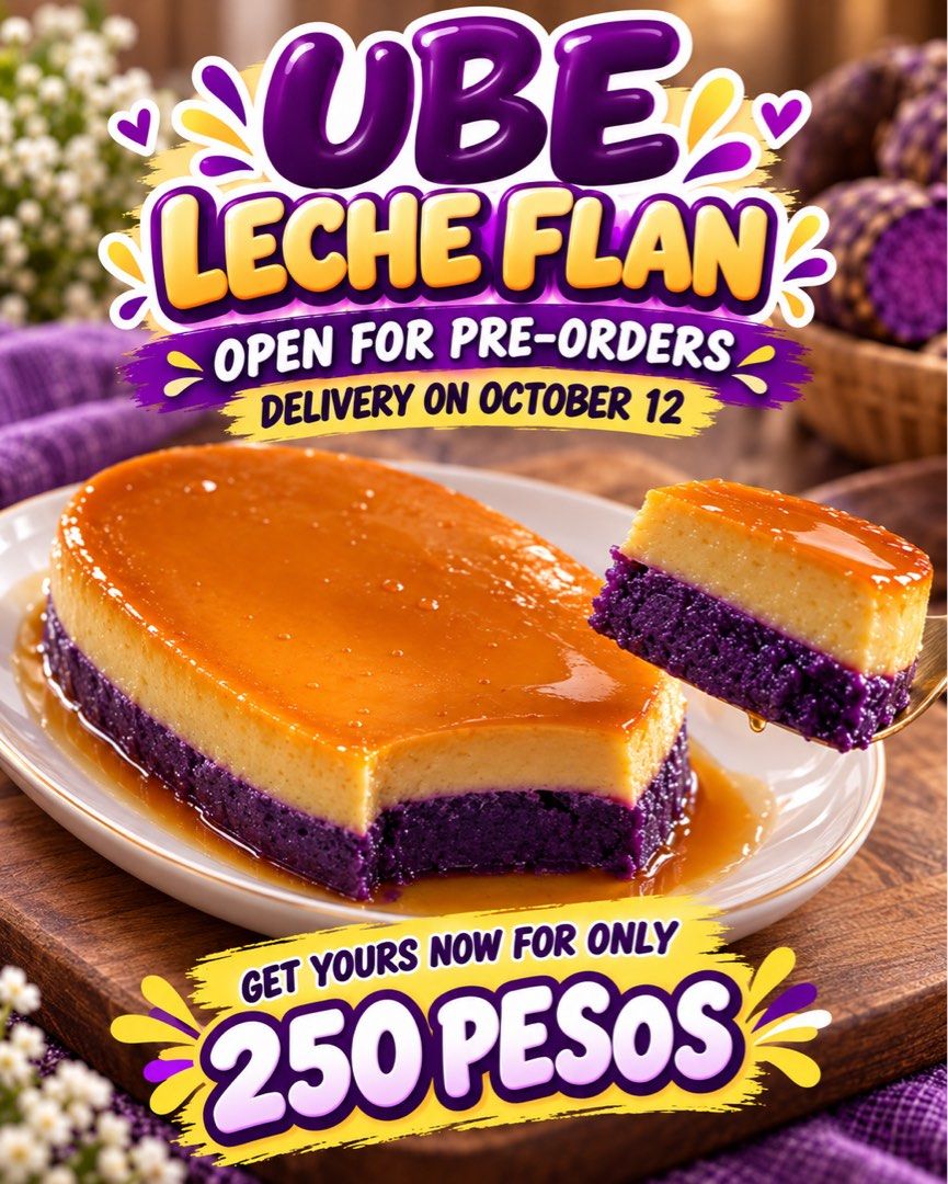 Ube Halaya & Ube Leche Flan 💜 (Category: Homemade Bakes) located in Manila. Submitted by madebyerika (Listing ID 1466004502, Image 2). Description: 💜 UBE FAVORITES! 💜 🍠 Ube Halaya — ₱100 🍮 Ube Leche Flan — ₱250 Perfect for dessert, merienda, or sharing with family! ✨ 📅 Pre-orders until October 10 🚚 Delivery on October 12 via Lalamove—delivery fee c/o buyer Limited orders only! 💜 Message us to reserve yours 🥰.