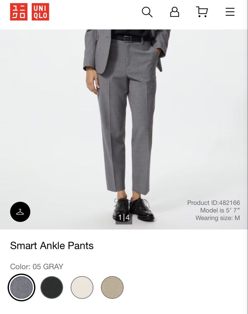 Uniqlo Smart Ankle Pants Size L (Category: Other Bottoms) located in Taguig. Submitted by jnicavsqz (Listing ID 1466023775, Image 2). Description: GRAY AND BROWN - SOLD - Uniqlo Smart Ankle Pants - Size L (fits waist 69-75cm, hips 94-100cm) - Colors/Patterns: Cream herringbone, dark gray plaid, solid gray, navy pinstripe - Condition: Clean, with tags attached inside, pls manage expectation as these are preloved -rfs: now working from home -500 ea