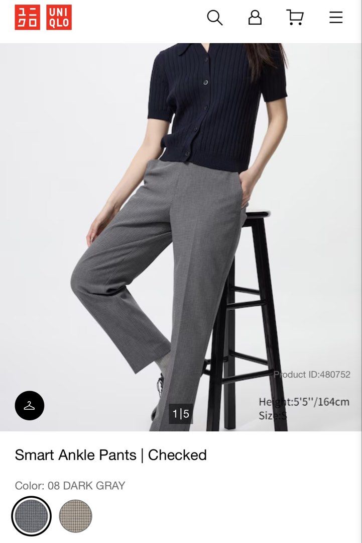Uniqlo Smart Ankle Pants Size L (Category: Other Bottoms) located in Taguig. Submitted by jnicavsqz (Listing ID 1466023775, Image 3). Description: GRAY AND BROWN - SOLD - Uniqlo Smart Ankle Pants - Size L (fits waist 69-75cm, hips 94-100cm) - Colors/Patterns: Cream herringbone, dark gray plaid, solid gray, navy pinstripe - Condition: Clean, with tags attached inside, pls manage expectation as these are preloved -rfs: now working from home -500 ea