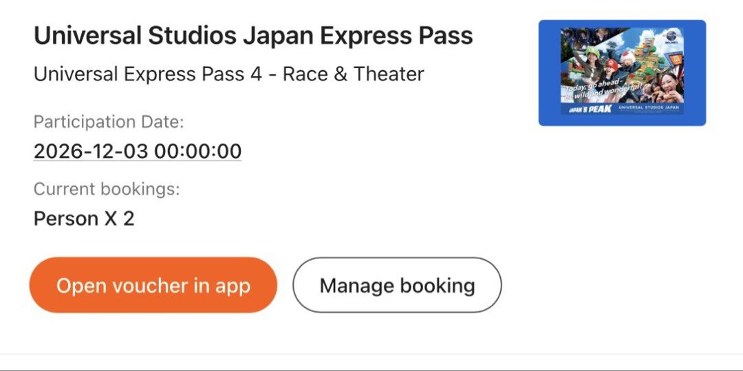 Universal Studios Japan Express Pass 4 - Race & Theater (Category: Vouchers) located in Manila. Submitted by patricia__01 (Listing ID 1466039601, Image 1). Description: - Attraction: USJ Express Pass 4 (Race & Theater) - Date of Visit: December 3, 2026 - Timed entry to Nintendo World - 3PM - Quantity: 2 Person Passes - Delivery: Digital voucher ready for immediate transfer - Condition: 100% authentic - RFS: Booked the wrong date.