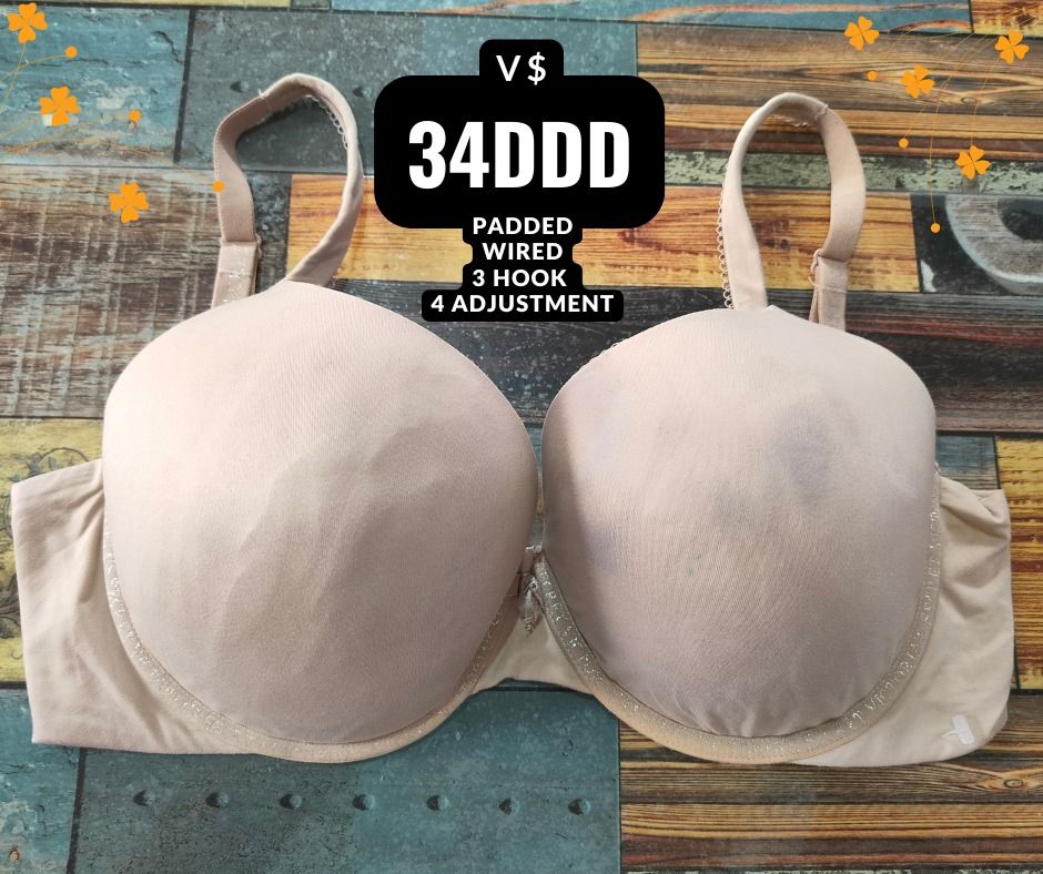 V$ 34DDD Padded Wired Bra (Category: Undergarments & Loungewear) located in Manila. Submitted by siashop. (Listing ID 1466004401, Image 1). Description: - Size: 34DDD - Color: Nude (essential everyday shade) - Support: Padded and wired cups for great overall support - Fit: Standard fit with a smooth finish under clothes - Closure & Straps: Adjustable straps (4 settings) and 3-hook back closure.
