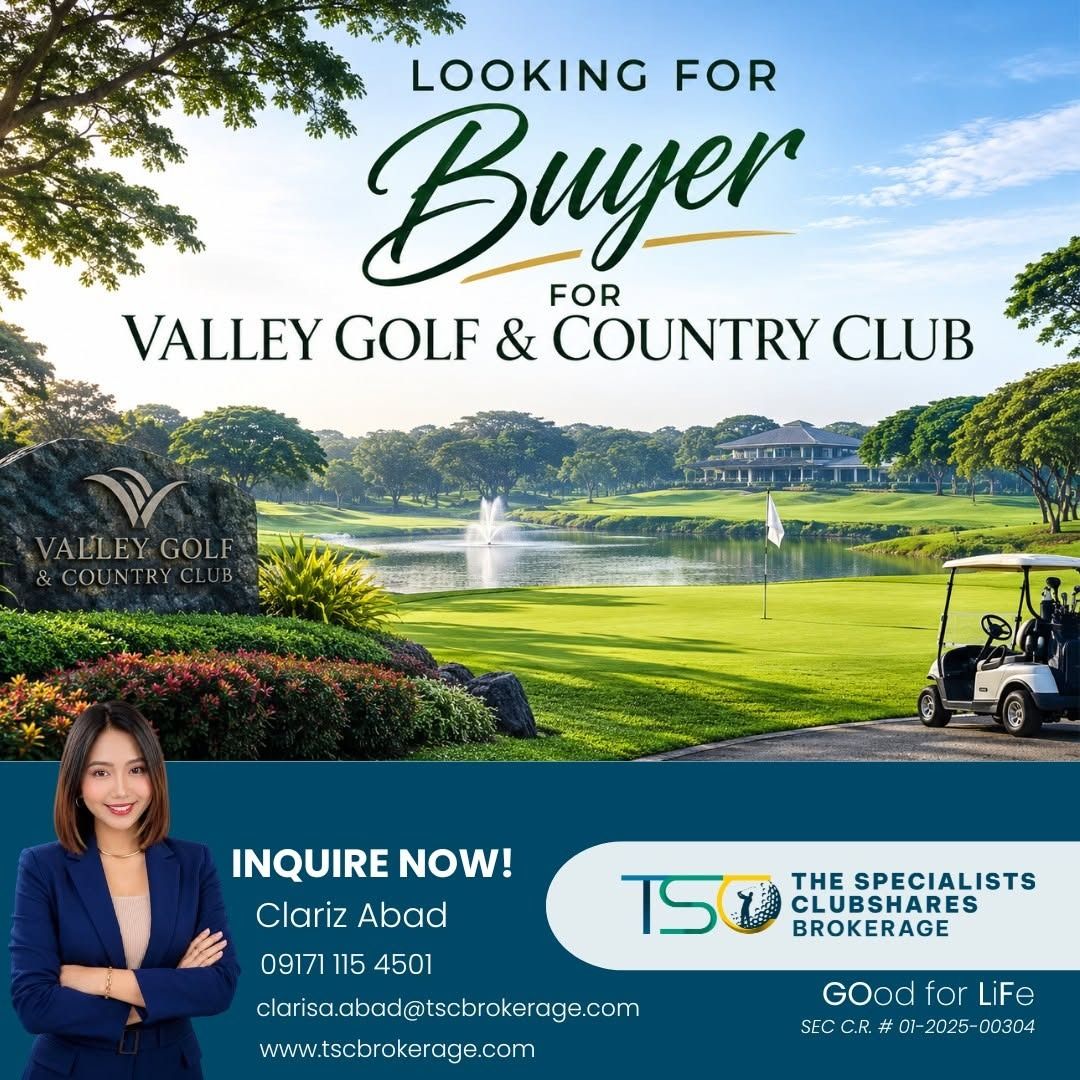 VALLEY GOLF & COUNTRY CLUB (Category: Golf) located in Muntinlupa City. Submitted by clarizclubsharebrokerph (Listing ID 1466004604, Image 1). Description: 🏌️ GOLFERS, THIS ONE’S FOR YOU! ⛳ 🔎 LOOKING FOR A BUYER VALLEY GOLF & COUNTRY Looking to own a golf club share? Don’t miss this opportunity! 📩 PM me for the price and complete details. Clariz Abad 📱+63917 115 4501 📩clarisa.abad@tscbrokerage.com #thespecialistsclubshares #therightinvestmen