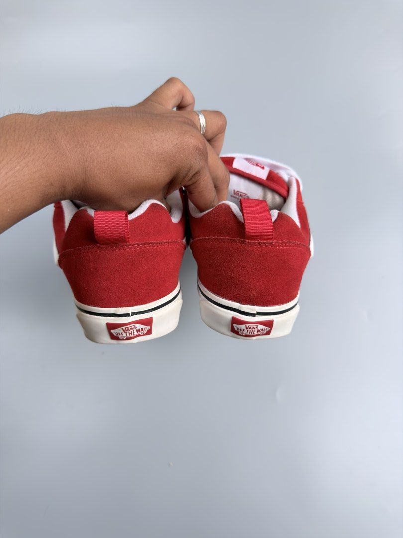 Vans Knu Skool Red White Skate Shoes (Category: Sneakers) located in Cagayan de Oro. Submitted by klebertaco53763 (Listing ID 1466105508, Image 2). Description: - Brand: Vans - Model: Knu Skool - Colorway: Bold Red and White - Material: Canvas and suede upper with iconic sidestripe - Features: Chunky silhouette, thick laces, padded collar, and red heel pull tab - Condition: Great street style pair with minor markings on white waffle outsoles from