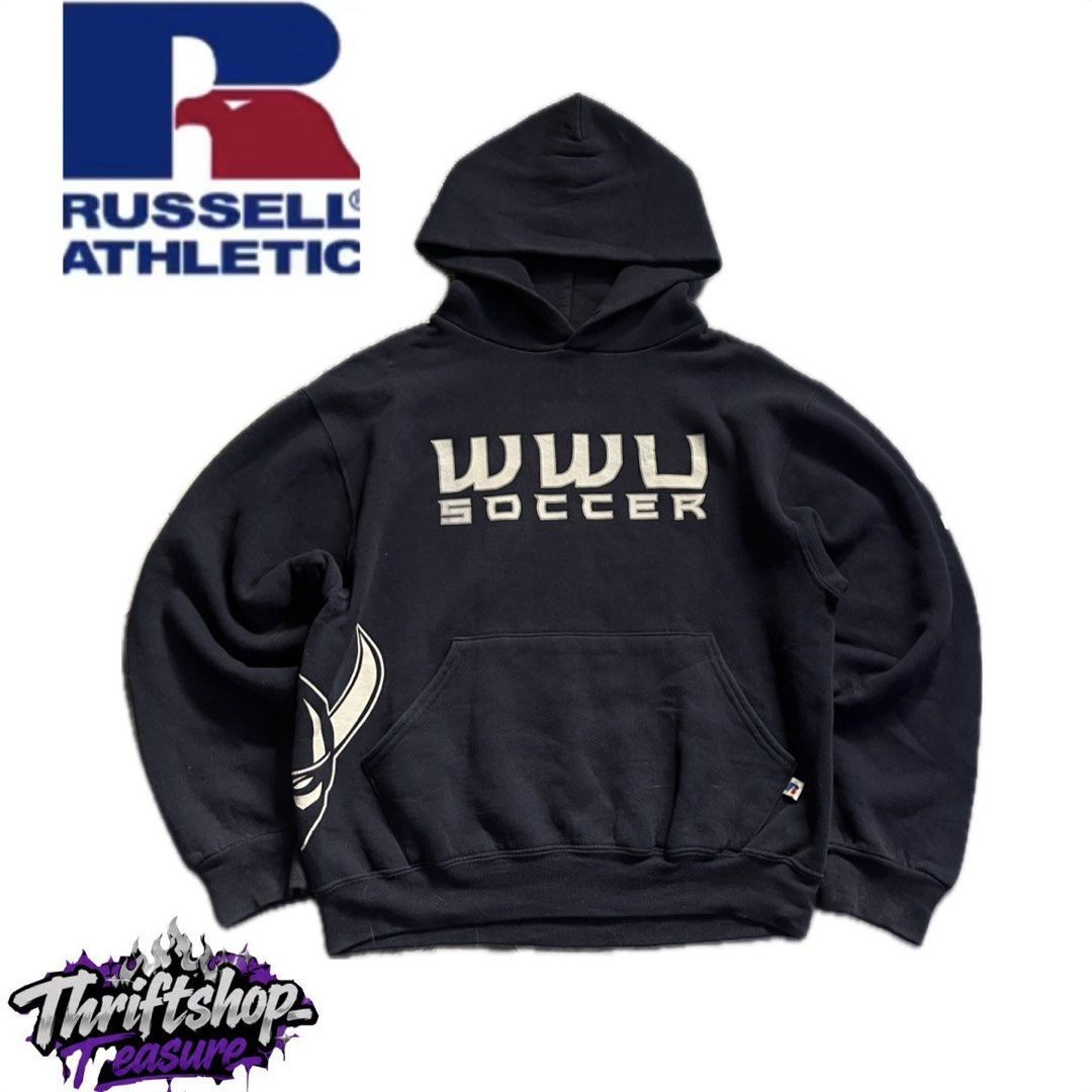 Vibtage Russell athletic (Category: Hoodies) located in Quezon City. Submitted by thriftshop_treasure (Listing ID 1466107116, Image 1). Description: vintage navy blue Russell Athletic hoodie featuring a bold WWU Soccer chest graphic and a striking Viking mascot accent along the lower side. 23x26.