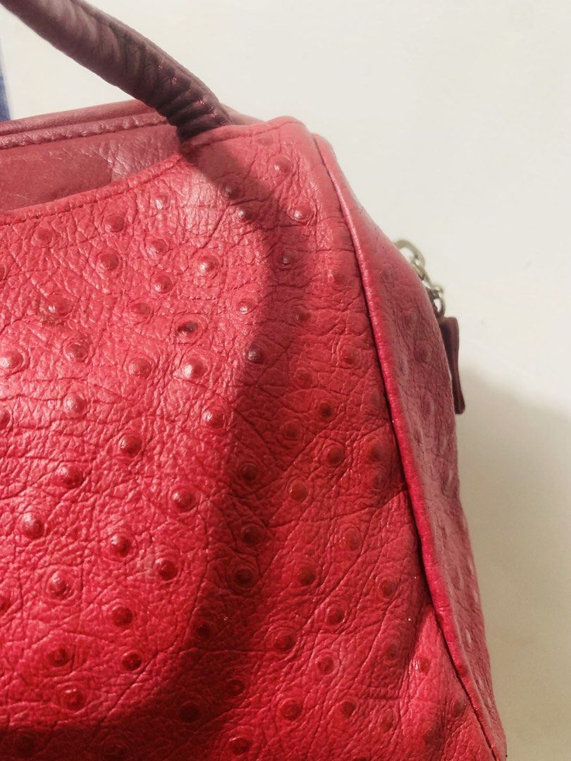 Vintage (Category: Tote Bags) located in Quezon City. Submitted by charitoo369 (Listing ID 1465956658, Image 3). Description: Authentic from Japan vintage-style structured dome satchel crafted from ostrich-textured skin (or ostrich-embossed leather) featuring a rich burgundy/red wine colorway, dual top handles, and a framed doctor-bag style opening. - matibay , di madaling masira - pwede in all occasions parties and celebrations , corporate - mag