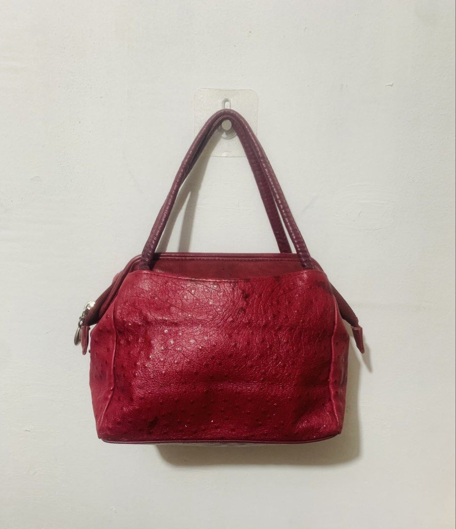 Vintage (Category: Tote Bags) located in Quezon City. Submitted by charitoo369 (Listing ID 1465956658, Image 1). Description: Authentic from Japan vintage-style structured dome satchel crafted from ostrich-textured skin (or ostrich-embossed leather) featuring a rich burgundy/red wine colorway, dual top handles, and a framed doctor-bag style opening. - matibay , di madaling masira - pwede in all occasions parties and celebrations , corporate - mag