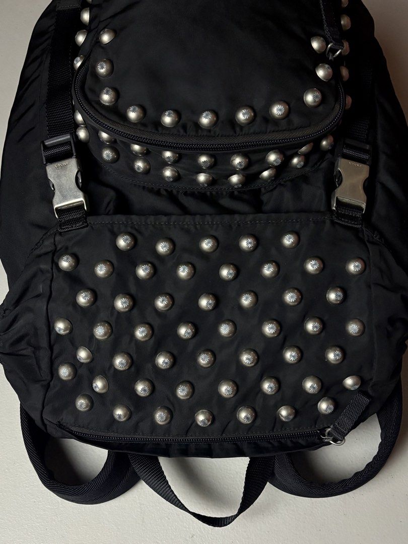 Vintage Prada Black Studded Nylon Backpack (Category: Luxury Bags & Wallets) located in Manila. Submitted by hippiesph (Listing ID 1466115290, Image 3). Description: VINTAGE PRADA - nylon bagpack Authentic Still in great condition No issue Dm me for more details 📩.