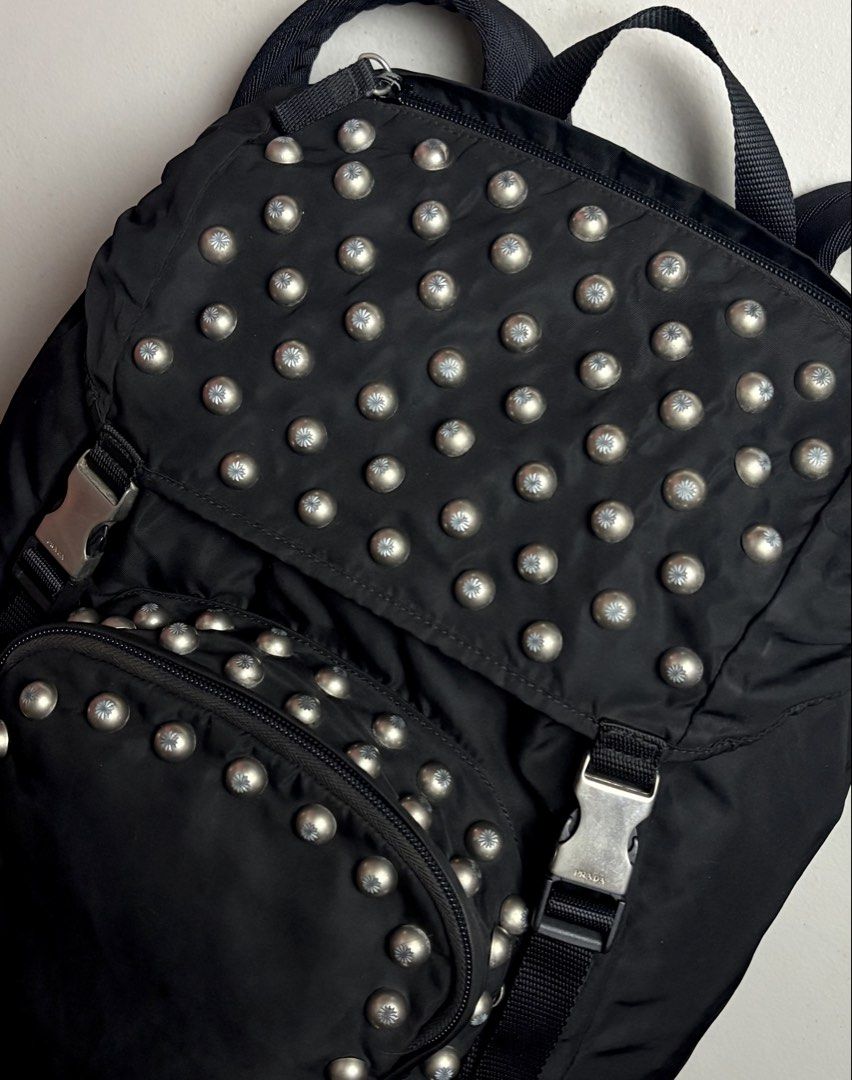 Vintage Prada Black Studded Nylon Backpack (Category: Luxury Bags & Wallets) located in Manila. Submitted by hippiesph (Listing ID 1466115290, Image 2). Description: VINTAGE PRADA - nylon bagpack Authentic Still in great condition No issue Dm me for more details 📩.