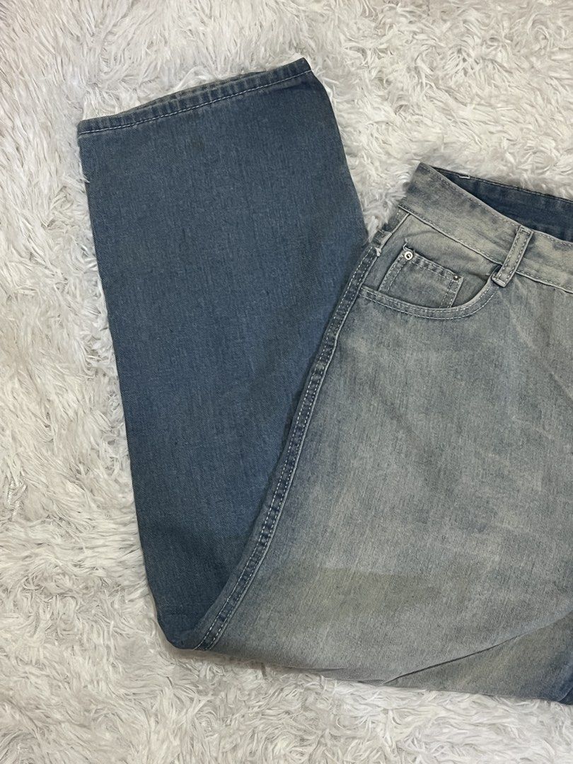 Vintage Wash Distressed Denim Jeans (Category: Jeans) located in Tuguegarao City. Submitted by love_clothies (Listing ID 1465968937, Image 2). Description: - Style: Casual streetwear, relaxed fit - Wash: Two-tone faded with darker legs - Details: Embroidered lettering down the left leg - Features: Button closure, zipped fly, classic five-pocket setup - Width: 17 inch, Length: 40 1/2 inch.