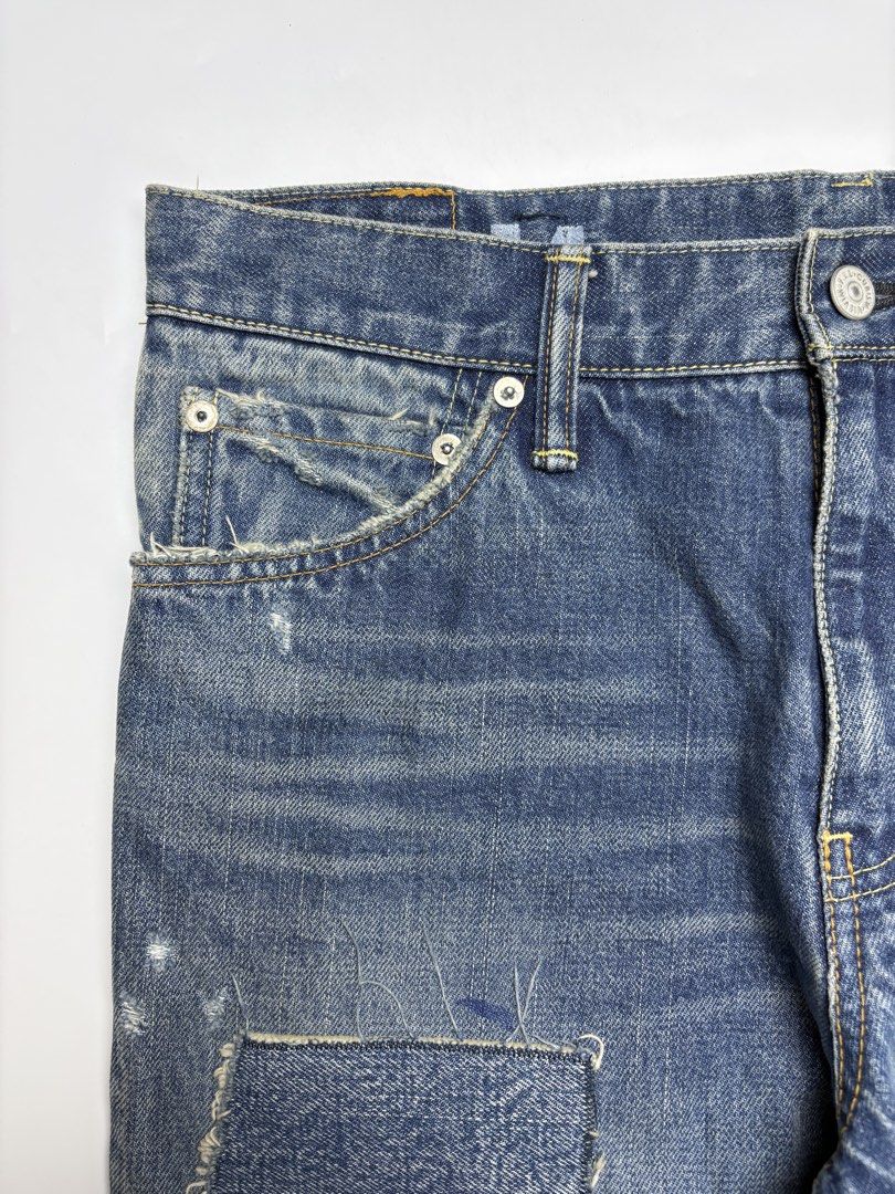 Visvim SS 03D14 Damaged Jeans (Category: Jeans) located in Cavite. Submitted by sc_rcity (Listing ID 1465962844, Image 2). Description: Tagged Size : 32 Men’s Authentic Like New Zipper : Visvim Logo in Front | Ykk (back) Sign of Wear Made in Japan No Inclusion Measurements: in inches (approx.) Waist 15.5 Length 40 Front rise 11 Inseam 30 Leg op. 7.