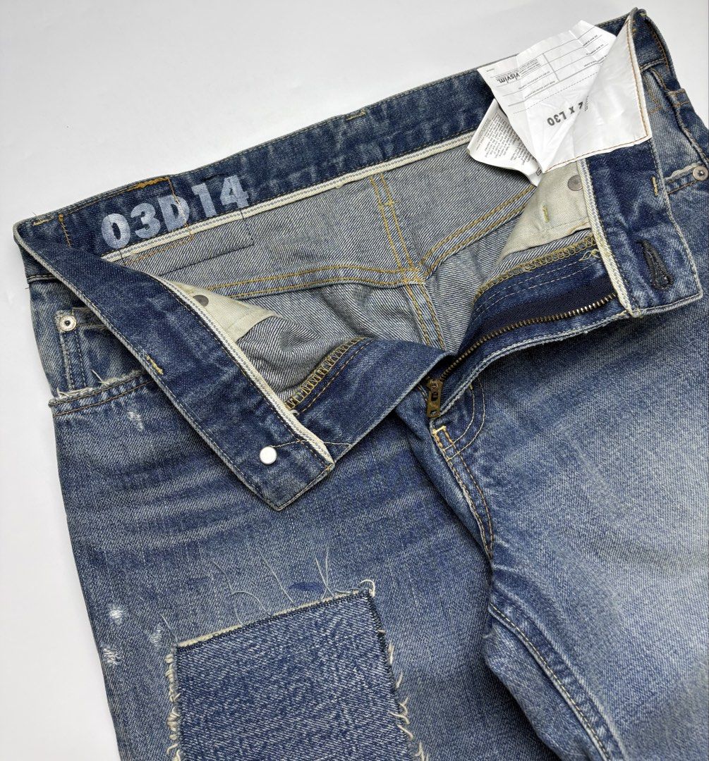 Visvim SS 03D14 Damaged Jeans (Category: Jeans) located in Cavite. Submitted by sc_rcity (Listing ID 1465962844, Image 3). Description: Tagged Size : 32 Men’s Authentic Like New Zipper : Visvim Logo in Front | Ykk (back) Sign of Wear Made in Japan No Inclusion Measurements: in inches (approx.) Waist 15.5 Length 40 Front rise 11 Inseam 30 Leg op. 7.