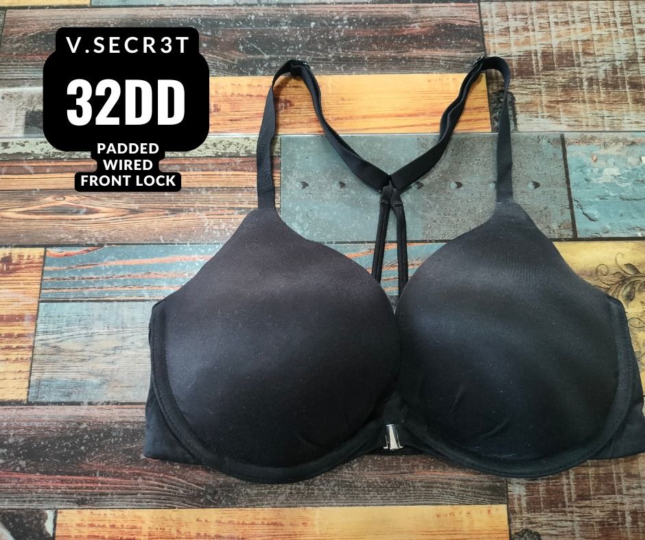 v.secret 32DD Padded Wired Front Lock Bra (Category: Undergarments & Loungewear) located in Manila. Submitted by siashop. (Listing ID 1466008201, Image 1). Description: - Brand: V.SECR3T - Size: 32DD - Color: Solid Black - Support: Padded cups with underwire - Design: Racerback with central loop and secure front closure lock.