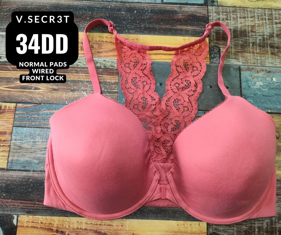 v.secret 34DD Wired Front Lock Bra (Category: Undergarments & Loungewear) located in Manila. Submitted by siashop. (Listing ID 1465989821, Image 1). Description: - Size: 34DD - Closure: Front lock for easy on and off - Support: Wired with normal padding for everyday comfort - Design: Smooth seamless cups with a stunning wide lace racerback panel - Condition: Clean stitching all around, great for daily wear.