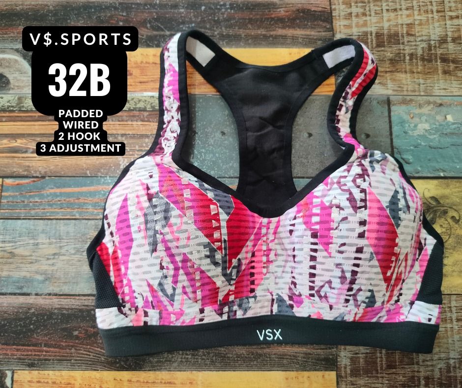 VSX Sports Bra Pink Patterned 32B Padded Wired (Category: Activewear) located in Manila. Submitted by siashop. (Listing ID 1465990129, Image 1). Description: - Brand: VSX - Size: 32B - Design: Vibrant pink, grey, and white geometric front with black racerback - Support: Underwire and padding for extra lift and stability - Closure: Two-hook back closure with three adjustment levels - Band: Comfortable black elastic band with VSX branding - Ideal f