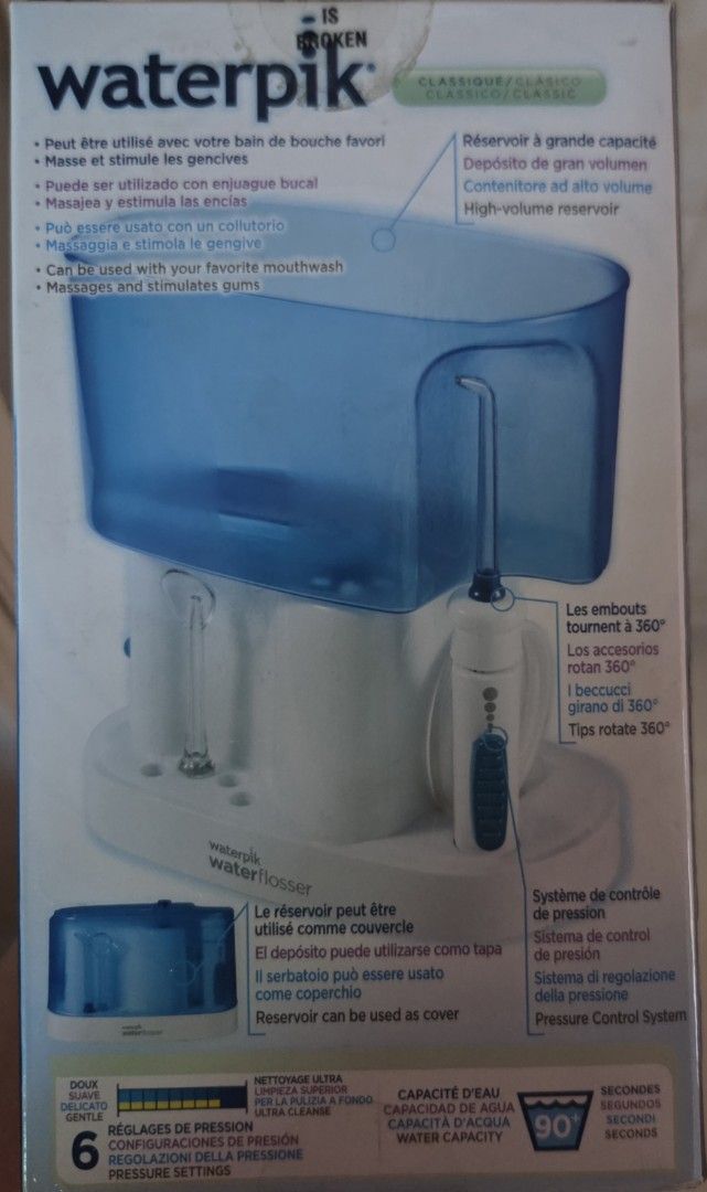 Waterpik Classic Water Flosser (Category: Oral Care) located in Quezon City. Submitted by liquidatormnl (Listing ID 1465961508, Image 1). Description: - Authentic Waterpik water flosser for daily dental care - High-volume blue reservoir that conveniently doubles as a cover - Handle equipped with an adjustable pressure control system - Includes multiple tip attachments stored right in the base - Effectively removes plaque and massages gums - Compl