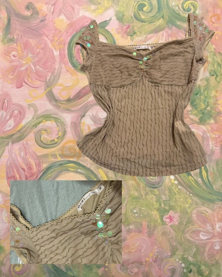 Whimsy sparkly sequin cap sleeve top (Category: Sleeveless) located in Santa Rita. Submitted by colesclosette (Listing ID 1466070401, Image 1). Description: - Color/Fabric: Beige soft stretchy mesh with subtle wave texture and metallic gold shimmer - Details: Iridescent sequins on cap sleeves and neckline centre Loc- Pampanga.