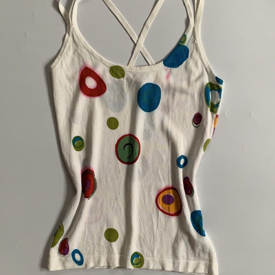White Colorful Polka Dot Tank Top Cami (Category: Sleeveless) located in Tarlac. Submitted by luv__vintage (Listing ID 1466048868, Image 3). Description: - Color/Pattern: White with colorful polka dots and abstract circular prints - Style: Sleeveless tank top with trendy criss-cross spaghetti straps at the back - Fit: Fitted silhouette that hugs your curves - Material: Stretchy, comfortable ribbed knit fabric - Versatility: Perfect for summer, gr