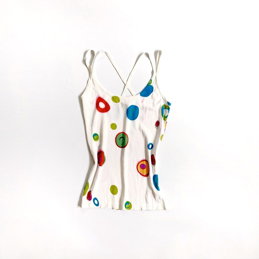 White Colorful Polka Dot Tank Top Cami (Category: Sleeveless) located in Tarlac. Submitted by luv__vintage (Listing ID 1466048868, Image 2). Description: - Color/Pattern: White with colorful polka dots and abstract circular prints - Style: Sleeveless tank top with trendy criss-cross spaghetti straps at the back - Fit: Fitted silhouette that hugs your curves - Material: Stretchy, comfortable ribbed knit fabric - Versatility: Perfect for summer, gr