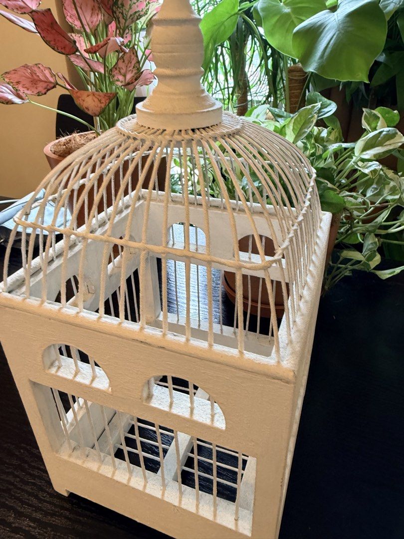 White Decorative Birdcage Home Decor Accent (Category: Vases & Decorative Bowls) located in Quezon City. Submitted by yourheaduhunter (Listing ID 1466098639, Image 2). Description: - Color: White with wooden base - Material: Metal wire dome top and solid construction - Design: Square shape with arched window details and four small feet - Versatility: Great accent piece for shelves, tabletops, or floral displays - Condition: Solid and painted fini