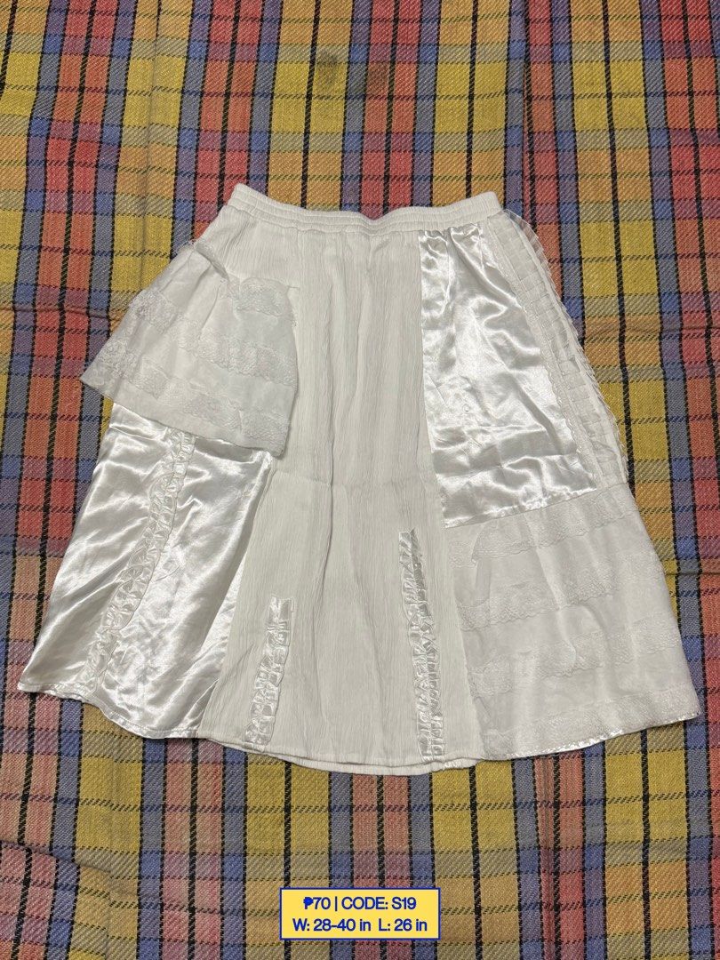 Vintage White Lace & Satin Patchwork Midi Skirt (Category: Skirts) located in Baliuag. Submitted by from.linea (Listing ID 1466038516, Image 1). Description: W: 28 to 40 in L: 26 in.