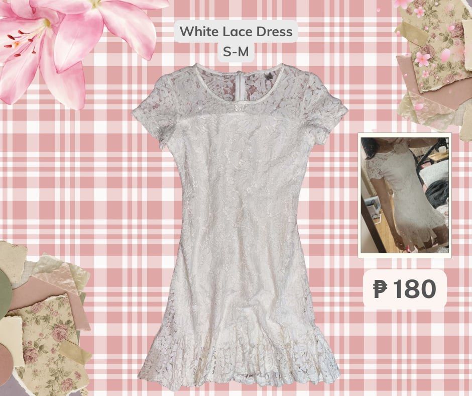 White Lace Short Sleeve Mini Dress (Category: Dresses) located in Rizal. Submitted by pikaapikadclttr (Listing ID 1463585709, Image 1). Description: - White lace mini dress - Short sleeves - Ruffled hem - Estimated Size: Small - Medium - Ideal for parties and events - Comfortable and stylish - Please check photos for condition details.