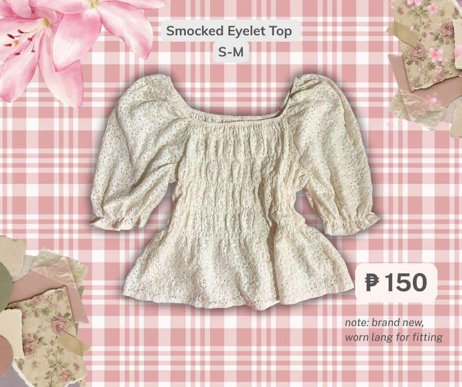 White lace textured puff sleeve crop top (Category: Blouses) located in Rizal. Submitted by pikaapikadclttr (Listing ID 1465705988, Image 1). Description: - Style: Cottagecore white textured lace blouse - Fit: Stretchy all-over smocked body with short puff sleeves and a square neckline - Condition: Excellent, no stains or loose threads - Versatility: Easy to pair with denim jeans or high-waisted skirts - Never worn, just tried for fitting .