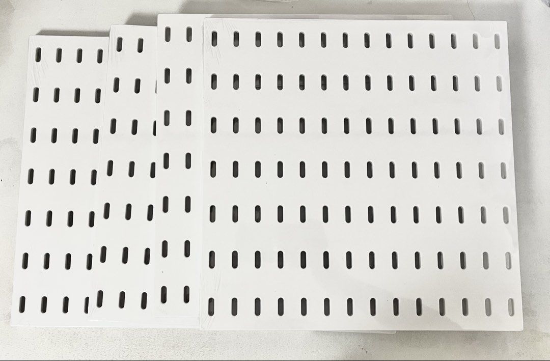 White Pegboard Panels Storage Wall Organizer (Category: Home Improvement Tools & Accessories) located in Taguig. Submitted by yushiz (Listing ID 1465957396, Image 1). Description: wts lfb ph peg board (28 x 28 cm) ₱150 each (preferred buying all) # sealed # wall adhesive included # 4 pcs available • mop: mari gotyme maya • mod: jnt sdd.
