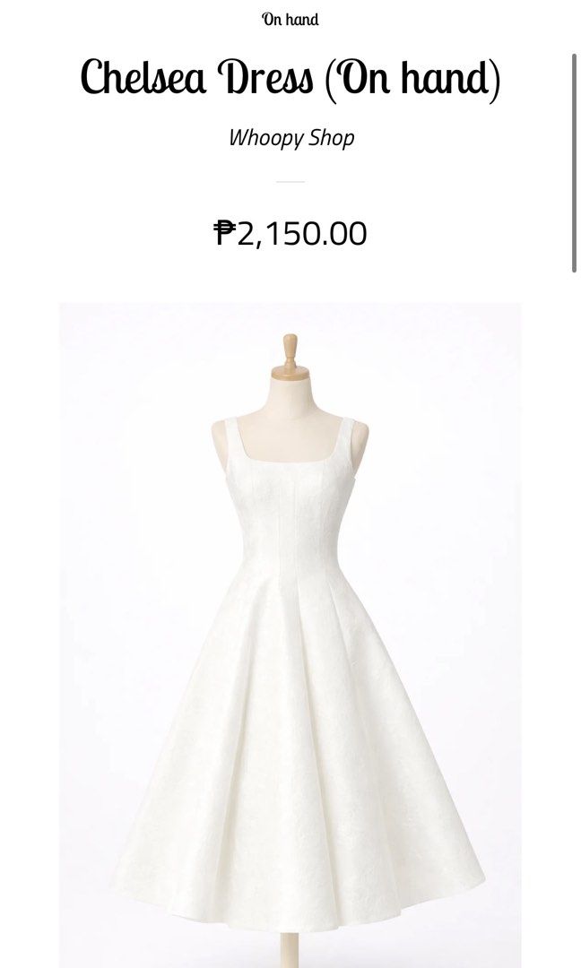 Whoopy Clothing Dress (Category: Dresses) located in Manila. Submitted by ulan_9 (Listing ID 1465955664, Image 1). Description: - Brand: Whoopy Shop - Style: Chelsea Dress (Midi length) - Color: White - Size: Small (EU 36 / UK 8 / US 4) - Details: Structured square neckline, fitted bodice, and full pleated skirt with subtle woven floral jacquard pattern - Condition: Brand new, on hand, and ready to ship - Versatility: Ideal for casual wear or dre