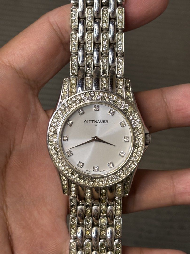Wittnauer Krystal Collection “Iced Out” (Category: Men's Watches) located in Manila. Submitted by soughtafterseconds (Listing ID 1466071487, Image 1). Description: Wittnauer Krystal Collection “Iced Out” This Wittnauer Krystal Collection “Iced Out” European Crystal Quartz Watch (Ref. 10A04 / Case Ref. C837331) is a bold piece of Y2K-era luxury dress horology, completely encrusted in pave-set crystals across the bezel, lugs, and multi-link bracele