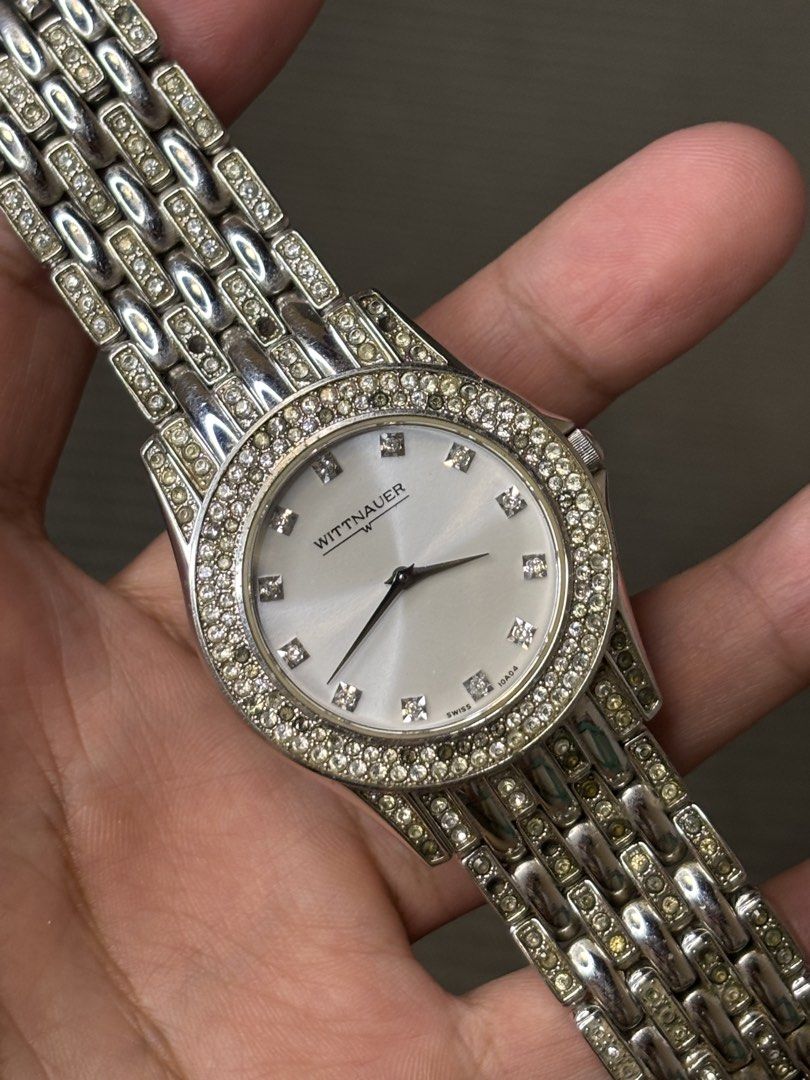 Wittnauer Krystal Collection “Iced Out” (Category: Men's Watches) located in Manila. Submitted by soughtafterseconds (Listing ID 1466071487, Image 2). Description: Wittnauer Krystal Collection “Iced Out” This Wittnauer Krystal Collection “Iced Out” European Crystal Quartz Watch (Ref. 10A04 / Case Ref. C837331) is a bold piece of Y2K-era luxury dress horology, completely encrusted in pave-set crystals across the bezel, lugs, and multi-link bracele