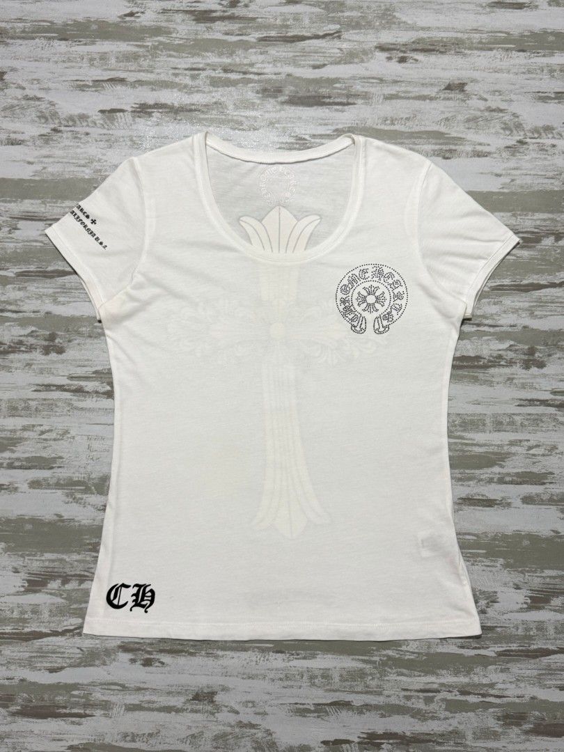 ✅Womens Chrome Hearts Shirt (Category: Shirts) located in Dumaguete. Submitted by good_stuff_dgte (Listing ID 1466066945, Image 2). Description: ✅Womens Chrome Hearts Shirt -₱750 -Size s-m (18x24.5) -Stretchable -Color rate 10/10 -Issue: repaired pinhole only .