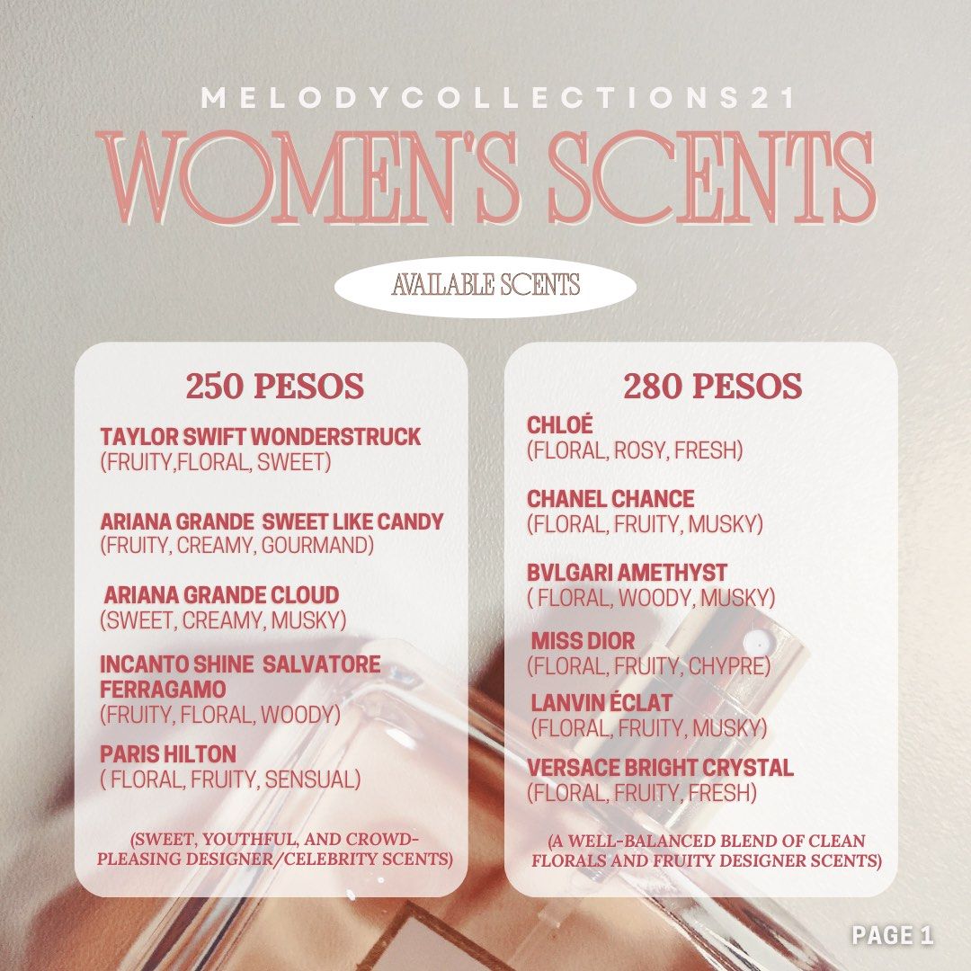 Women’s Luxury Inspired Perfume (Category: Body Care) located in Muntinlupa City. Submitted by ivyxfolklore (Listing ID 1465924924, Image 2). Description: Price start at 250! DM ME FORMORE INFO! Women’s Scent Available: 1. Taylor Swift Wonderstruck (Fruity, floral, sweet) 2. Sweet Like Candy – Ariana Grande (Fruity, creamy, gourmand) 3. English Pear & Freesia – Jo Malone (Fruity, floral, musky) 4. Nectarine Blossom & Honey – Jo Malone (Fruity, fl