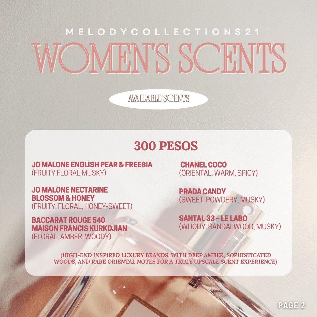 Women’s Luxury Inspired Perfume (Category: Body Care) located in Muntinlupa City. Submitted by ivyxfolklore (Listing ID 1465924924, Image 3). Description: Price start at 250! DM ME FORMORE INFO! Women’s Scent Available: 1. Taylor Swift Wonderstruck (Fruity, floral, sweet) 2. Sweet Like Candy – Ariana Grande (Fruity, creamy, gourmand) 3. English Pear & Freesia – Jo Malone (Fruity, floral, musky) 4. Nectarine Blossom & Honey – Jo Malone (Fruity, fl
