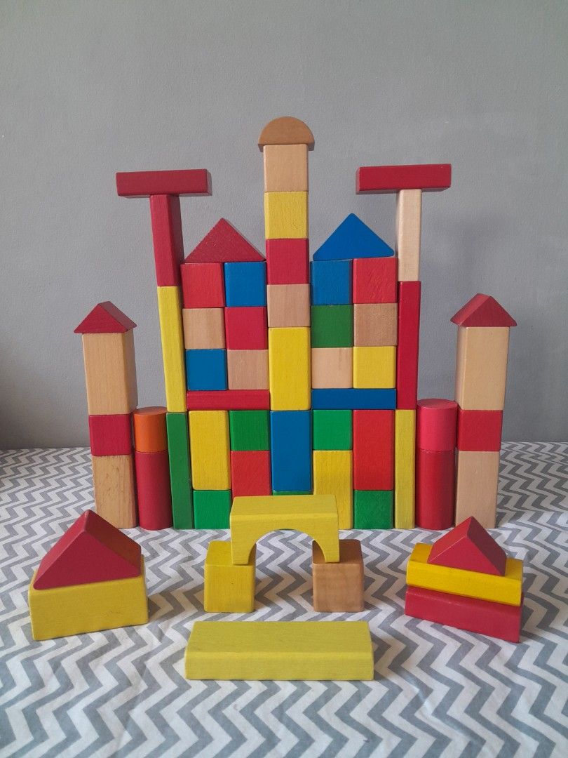 Wooden Building Blocks (Category: Educational & Learning Toys) located in Pasig City. Submitted by three.babybears (Listing ID 1466083630, Image 1). Description: 60+ pieces.