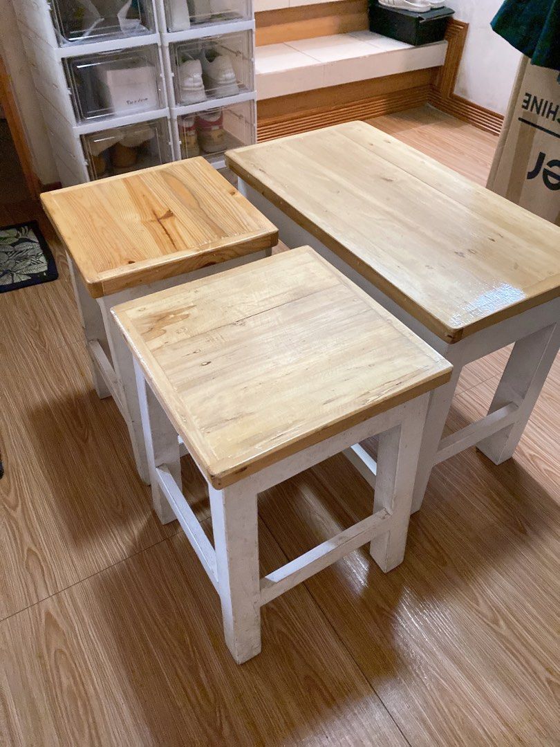 Wooden Table and Chair Dining Set (Category: Tables & Sets) located in Manila. Submitted by nc.pantone (Listing ID 1466011416, Image 3). Description: Square chair 12x12x18 inches Rectangle chair 24x12x18 inches Table 24x30X30 inches For lalamove delivery or pick up only Location is North Caloocan.