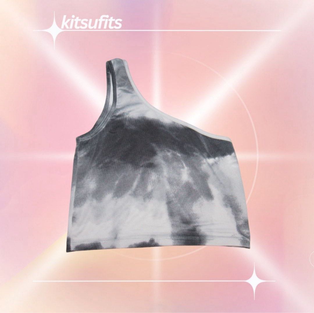 Y2K Gray Tie-Dye One Shoulder Crop Top (Category: Sleeveless) located in Rizal. Submitted by kitsufits (Listing ID 1466123916, Image 1). Description: 🍮 Design: Grey and white tie-dye with a trendy one-shoulder neckline.
