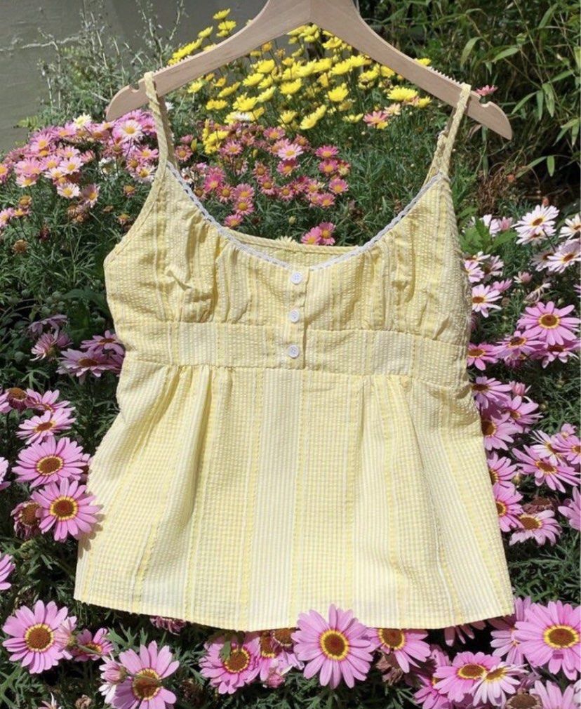 Yellow Gingham Ruffle Strap Tank Top (Category: Sleeveless) located in Mariveles. Submitted by elicopter (Listing ID 1465994229, Image 1). Description: Super cute yellow and white checkered peplum tank top and a smocked back Used twice only, no issues .