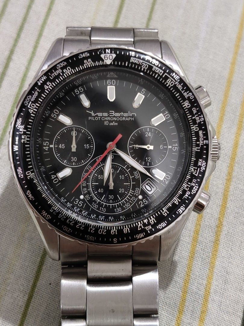 Yves Bertelin PILOT CHRONOGRAPH 10 atm. All stainless. (Category: Men's Watches) located in Manila. Submitted by maxineamber (Listing ID 1466058849, Image 2). Description: Yves Bertelin PILOT CHRONOGRAPH 10 atm. All stainless. issue missing safety lock. not noticeable.