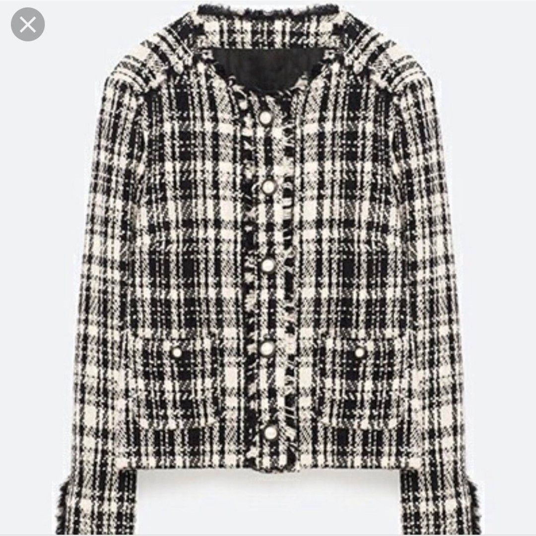 Zara Basic Black White Tweed blazer (Category: Coats, Jackets and Outerwear) located in Manila. Submitted by lovelypreloved1497 (Listing ID 1466097163, Image 2). Description: - Brand: Zara Basic - Style: Black and white plaid tweed jacket - Size: EUR XS / USA XS / MEX 24 - Details: Round neckline, pearl-like button closure, two front pockets, fully lined - Origin: Made in Morocco - Condition: Great layering piece for work or casual outings.